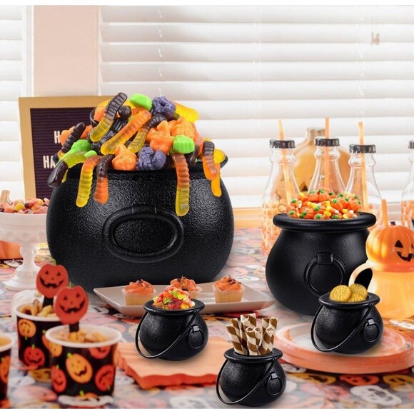 GloCamping 5ct Halloween Plastic Black Cauldrons With Rope Handles Large-Small - Picture 9 of 9
